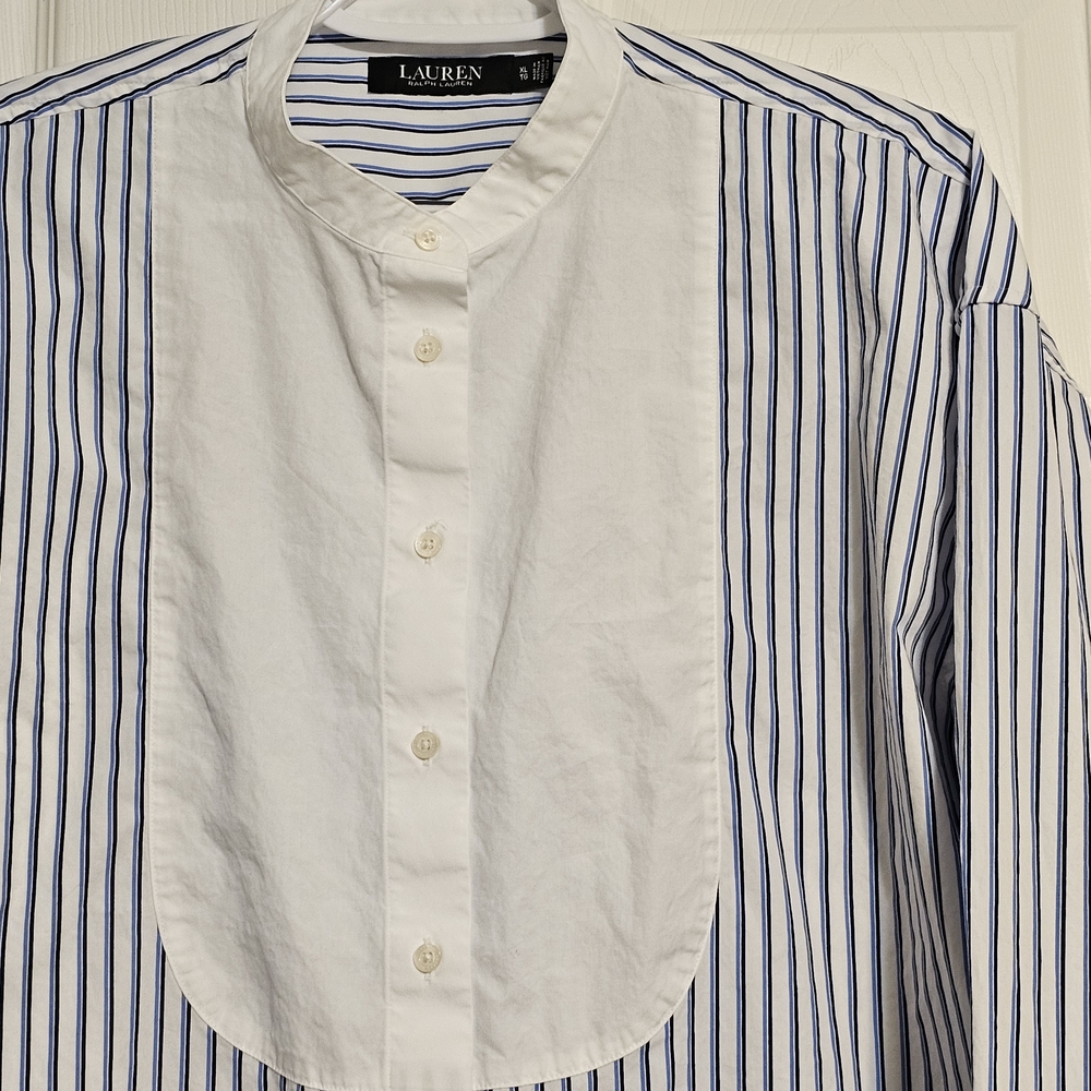 Lauren Ralph Lauren Striped Bib-Front Tuxedo Shirt XL Blue White Band Collar - Picture 2 of 9